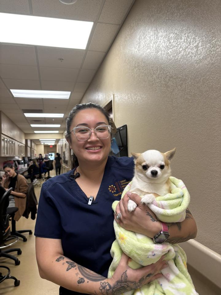 Alexus Morales holding a chihuahua wrapped in a soft blanket in the hospital hallway