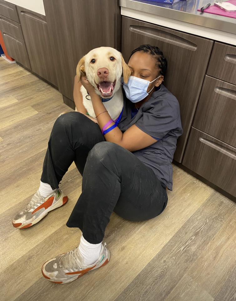 Jannah Harris sitting on the clinic floor hugging a yellow Labrador