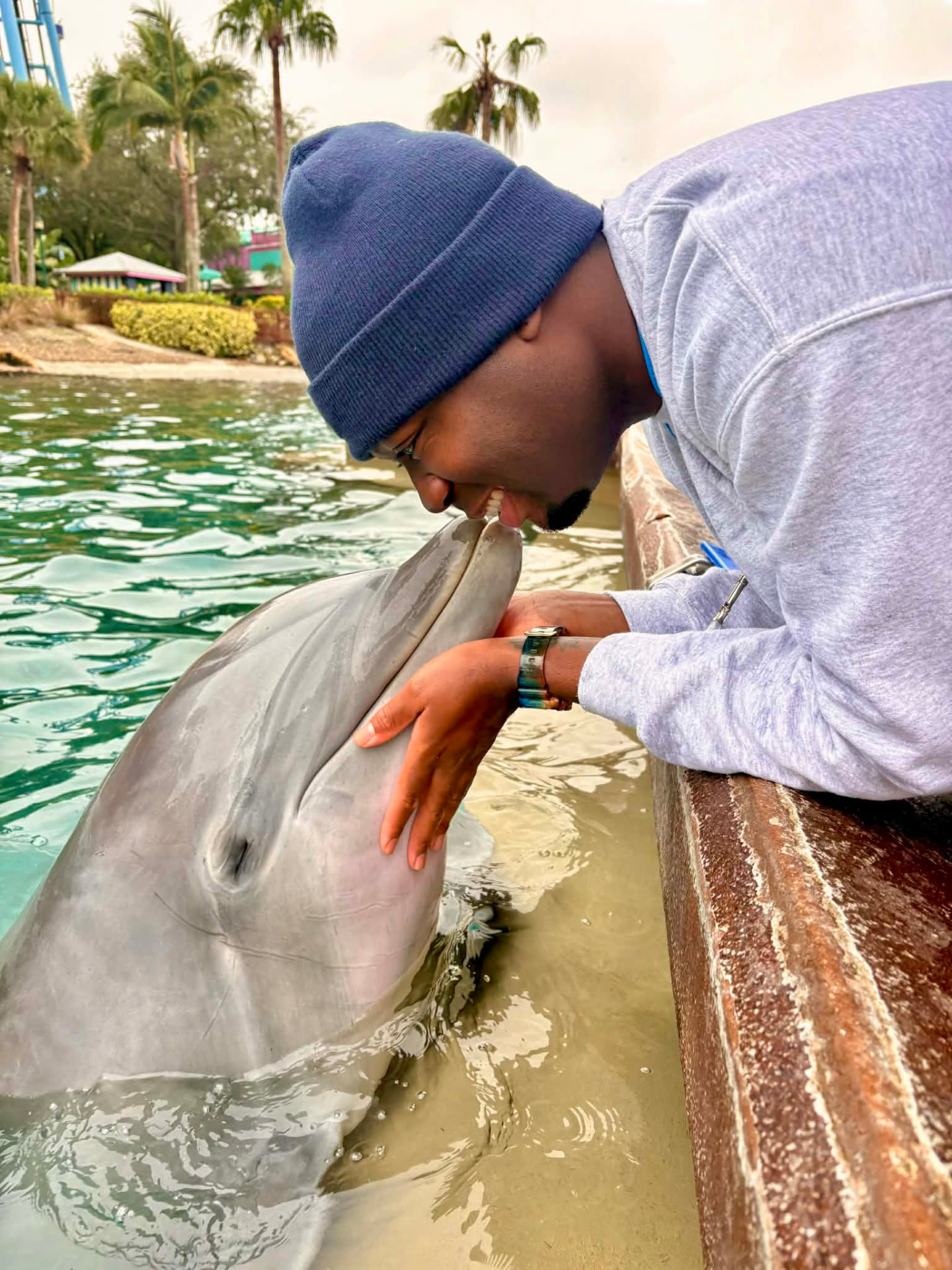 Credentialed veterinary technician leaning over a pool wall nose to nose with a bottlenose dolphin